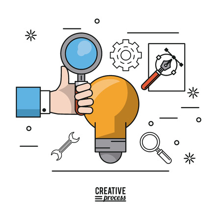 colorful poster creative process of hand with magnifying glass over light bulb vector illustrationのイラスト素材