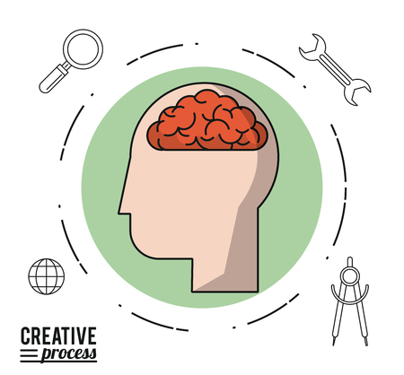 colorful poster creative process of face in circle with brain and icons around vector illustrationのイラスト素材
