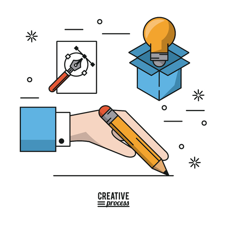 colorful poster creative process of hand with pencil making line and icons of light bulb in cardboard box and fountain pen vector illustrationのイラスト素材