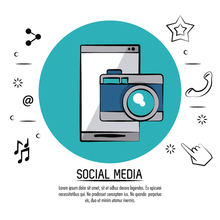 colorful poster of social media with smartphone and photo camera on blue circle vector illustrationのイラスト素材