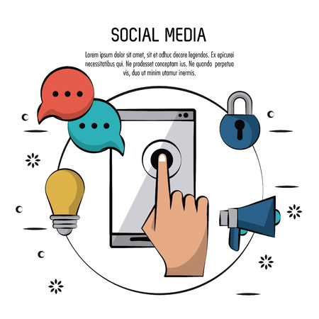colorful poster of social media with smartphone in circle with icons of light bulb and speech bubble and megaphone and padlock vector illustrationのイラスト素材