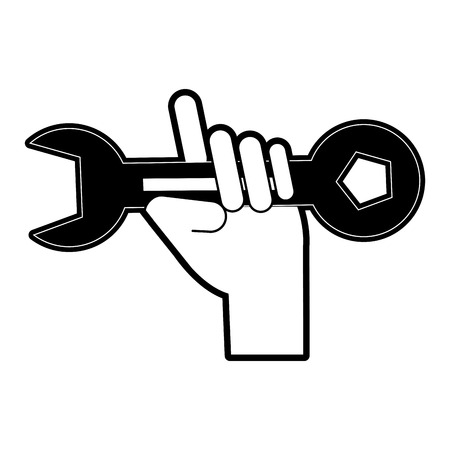 Black and white silhouette design of hand holding wrench spanner tool icon image vector illustrationのイラスト素材