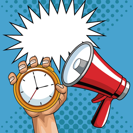 Timer and bullhorn pop art cartoon vector illustration graphicのイラスト素材
