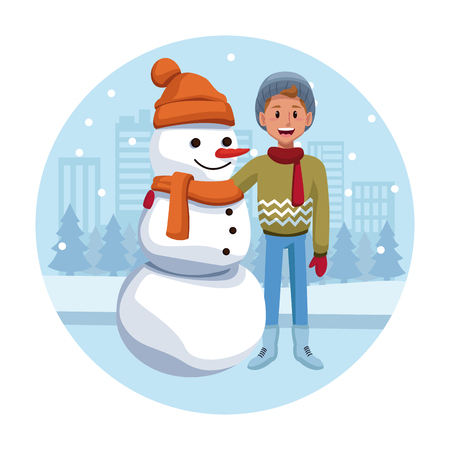 Boy with snowman cartoon icon vector illustration graphic designのイラスト素材