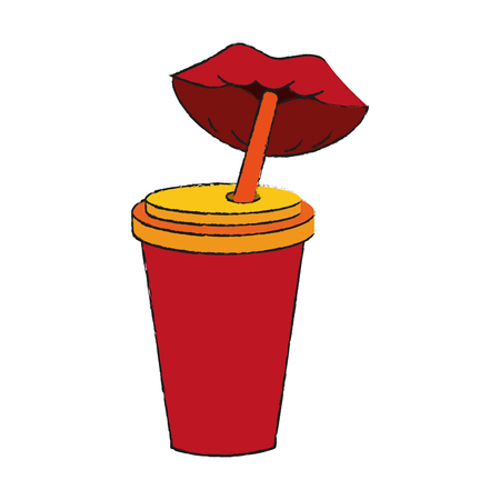 lips drinking soda in disposable cup with straw icon image vector illustration designのイラスト素材