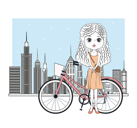 Cute girl with bike cartoon icon vector illustration graphic designのイラスト素材