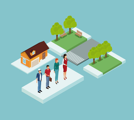 Isometric people in park on blue background vector illustration graphicのイラスト素材