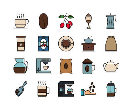 Set of 20 Coffe and tea beverage icon pack, drinks thin line vectorsのイラスト素材