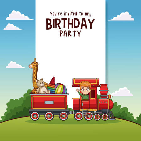 Happy birthday card with kids on train vector illustration graphic designのイラスト素材