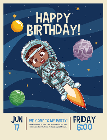 Happy birthday invitation card, astronauts kids cartoons vector illustration graphic design childhood space partyのイラスト素材