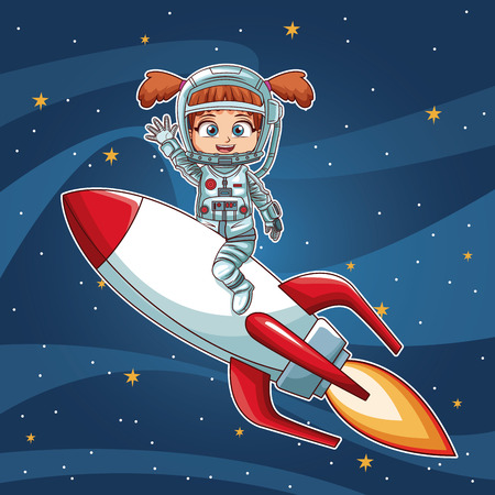 Girl on space with rocket cartoon vector illustration graphic design childhood space partyのイラスト素材