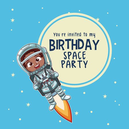 Happy birthday invitation card, astronauts kids cartoons vector illustration graphic design childhood space partyのイラスト素材