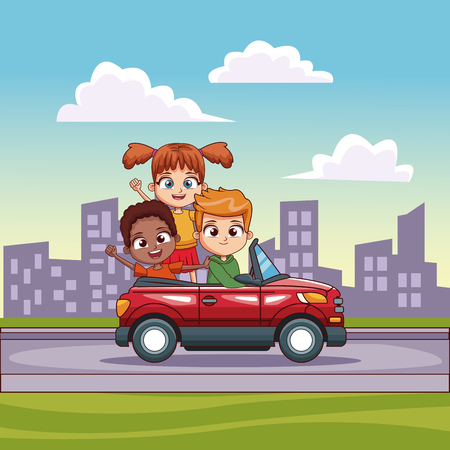 Kids in convertible cart riding in the city vector illustration graphic designのイラスト素材