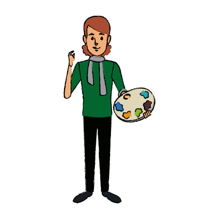 Portrait of happy male painter artist painting with colorful palette standing vector illustrationのイラスト素材