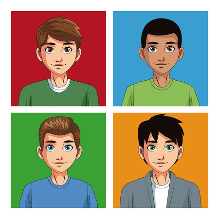 Young men cartoon on colorful squares vector illustration graphic designのイラスト素材