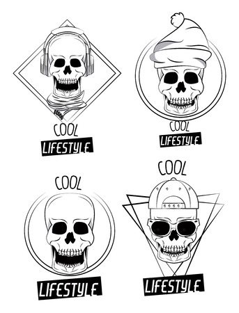 Cool skulls prints for tshirt collection on black and white vector illustration graphic designのイラスト素材
