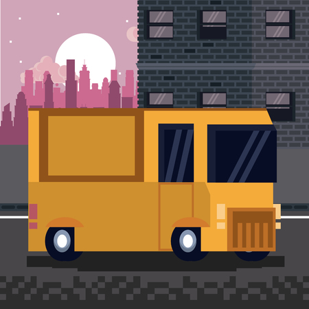 Pixelated truck on city at night vector illustration graphic designのイラスト素材