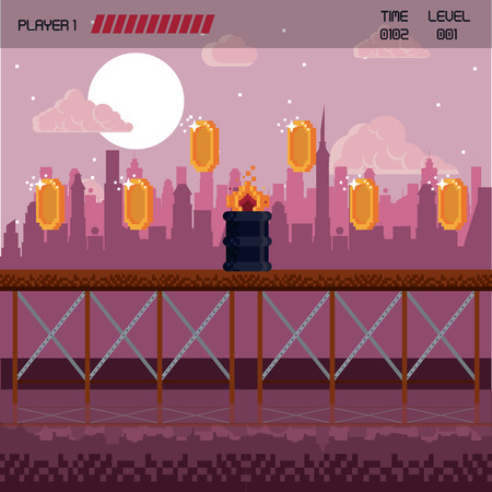Pixelated city videogame fight scenery with coinsのイラスト素材