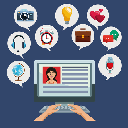 Using computer for social media vector illustration graphic designのイラスト素材