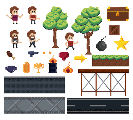Pixelated characters and elements for videogames vector illustration graphic designのイラスト素材