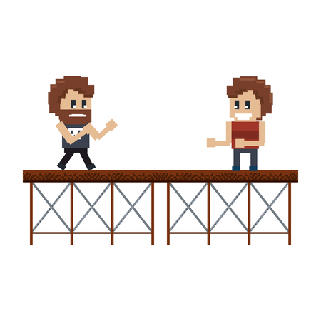 Pixelated fight game scene with two men on a white backgroundのイラスト素材