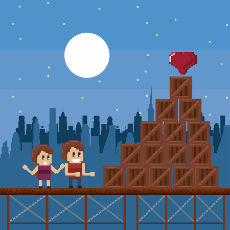 Pixelated urban video game scenery with players and crate boxes  vector illustration graphic designのイラスト素材