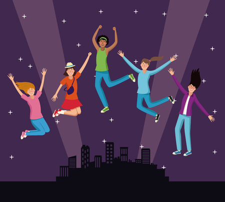 Young people jumping at city night vector illustration graphic design.のイラスト素材