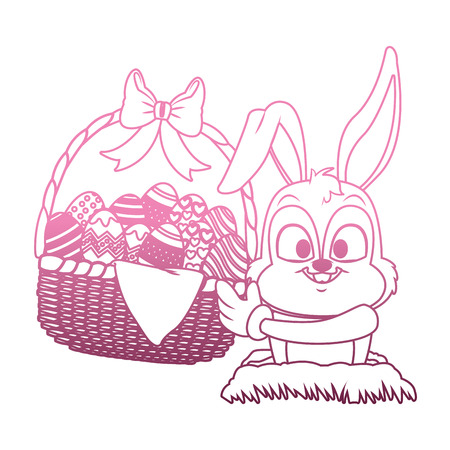 Cute rabbits with easter eggs basket cartoon on purple lines vector illustrationのイラスト素材