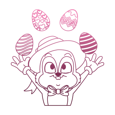 Cute rabbit joggling with easter eggs on purple lines vector illustrationのイラスト素材