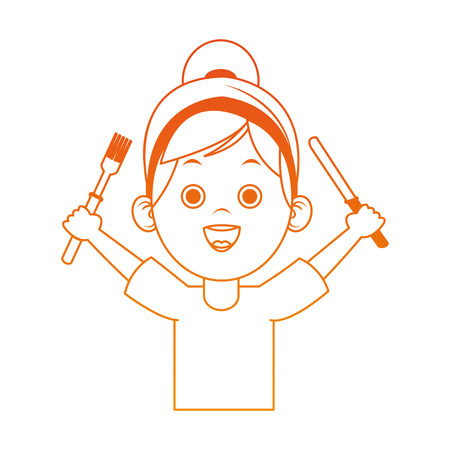Beautiful little girl holding cutlery cartoon on orange lines vector illustrationのイラスト素材