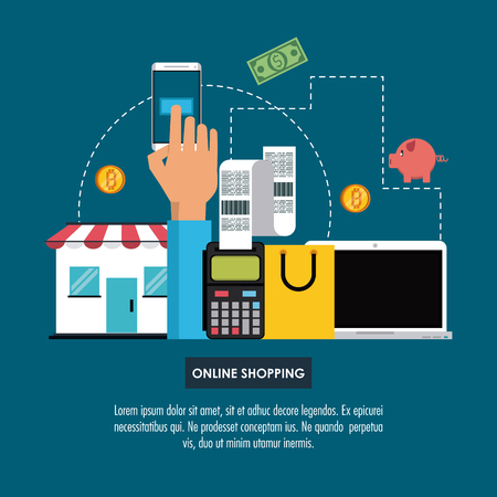 Online shopping infographic with cartoon elementsのイラスト素材