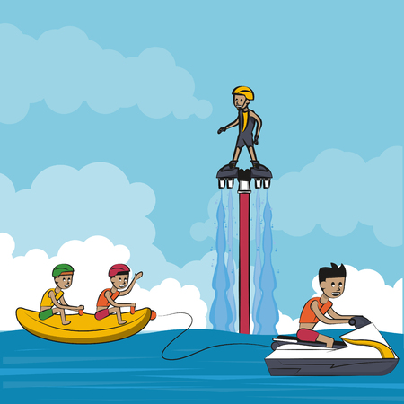People on summer practicing differents water sports cartoon vector illustration graphic designのイラスト素材