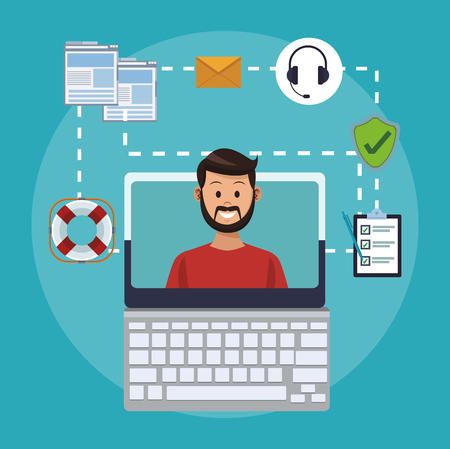 Online customer service and support from computer vector illustration graphic design.のイラスト素材