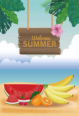 Summer fruits in beach with wooden signpost vector illustration graphic designのイラスト素材