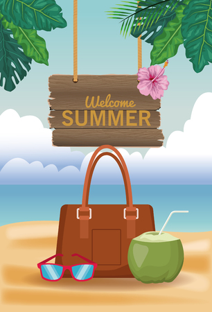 Bag and coconut cocktail with wooden signpost vector illustration graphic designのイラスト素材