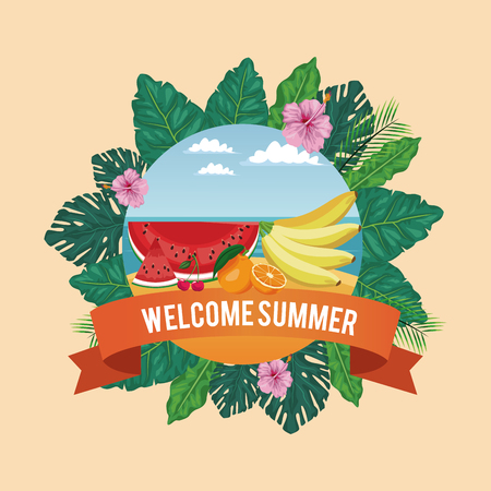 Summer fruits in beach vector illustration graphic design.のイラスト素材