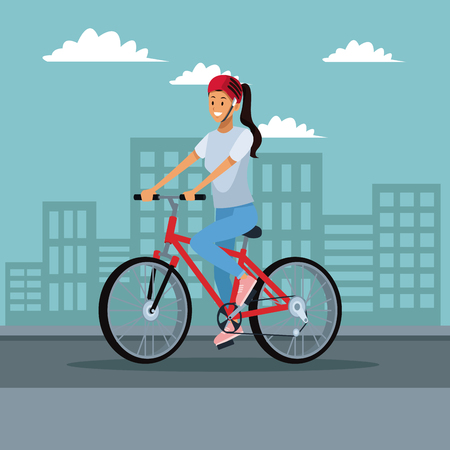Woman riding a bike at city vector illustration graphic designのイラスト素材
