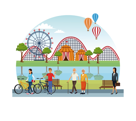 People in the amusement park at sunny day scenery vector illustration graphic designのイラスト素材