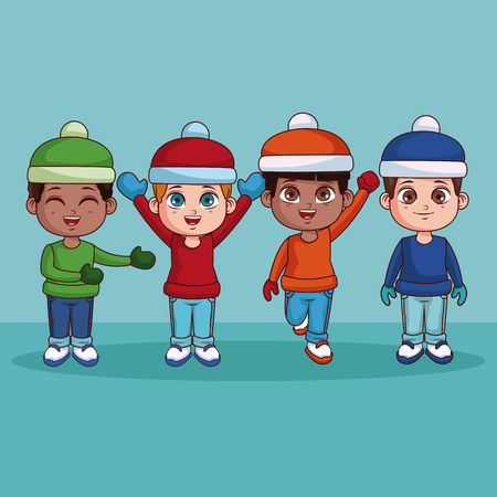Happy boys with winter clothes cute cartoon vector illustration graphic designのイラスト素材