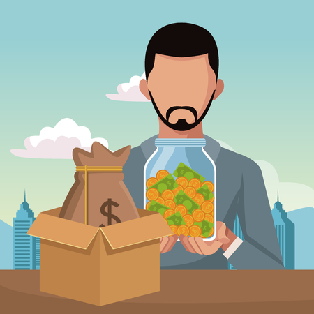 Businessman with money savings in bottle and bag vector illustration graphic designのイラスト素材