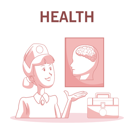 Nurse showing human brain with first aids suitcase vector illustration graphic designのイラスト素材