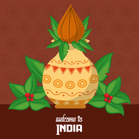 Welcome to India card with lotus flower in antique jar vector illustration graphic designのイラスト素材