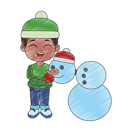 Cute boy with snowman cartoon vector illustration graphic designのイラスト素材