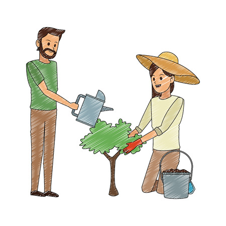 Man and woman planting cartoon vector illustration graphic designのイラスト素材