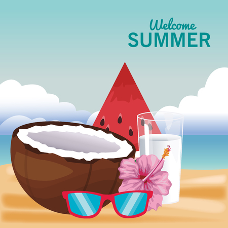 Welcome summer cocout and fruits with sunglasses vector illustration graphic designのイラスト素材