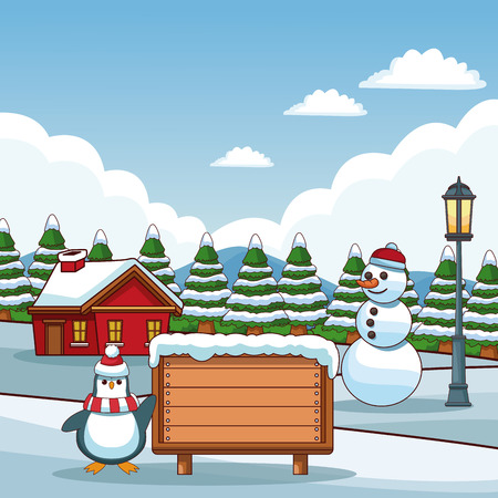 Blank wooden board in winter cartoons vector illustration graphic designのイラスト素材