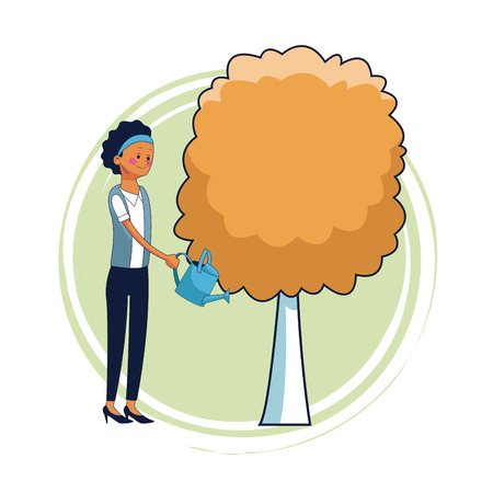 Woman watering beautiful tree cartoon vector illustration graphic designのイラスト素材