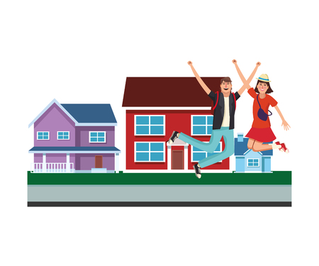 Young and happy couple at city having fun vector illustration graphic designのイラスト素材