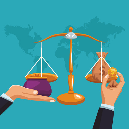 Hands putting money in justice balance vector illustration graphic designのイラスト素材