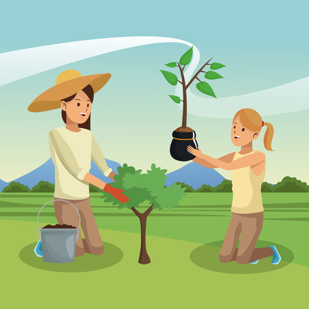Young womens seeding and caring garden vector illustration graphic designのイラスト素材